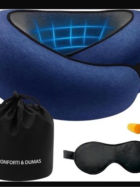 Blue Memory Foam Travel Neck Pillow with Sleep Mask